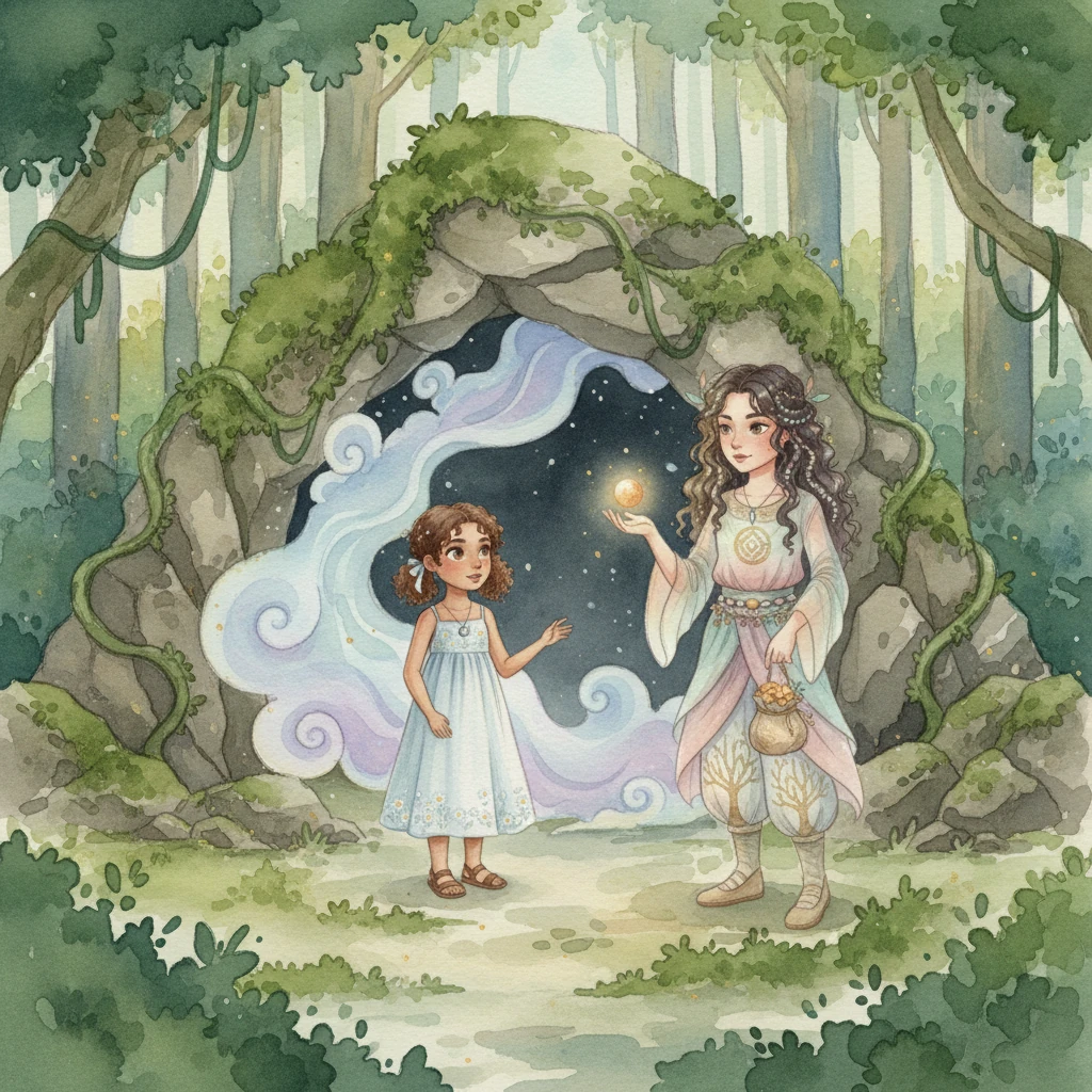 Deep within the woods, they discover a hidden cave entrance, framed by ancient, ivy-draped rocks. A soft, otherworldly mist curls gently from within, inviting them into its mysterious depths. The entrance is painted in deep, shadowy blues and purples, hinting at secrets held within.