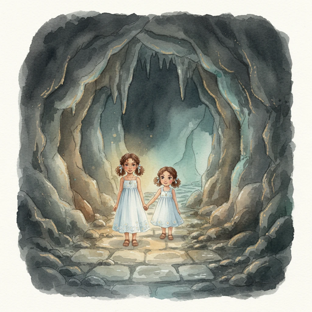 Inside the cave, darkness embraces them, but a faint, ethereal glow emanates from hidden crevices. Holding hands tightly, Florence and Wealth brave the echoing silence, their courage a soft, warm light against the cool, damp air. The cave walls are a canvas of subtle textures and deep, blended shades.