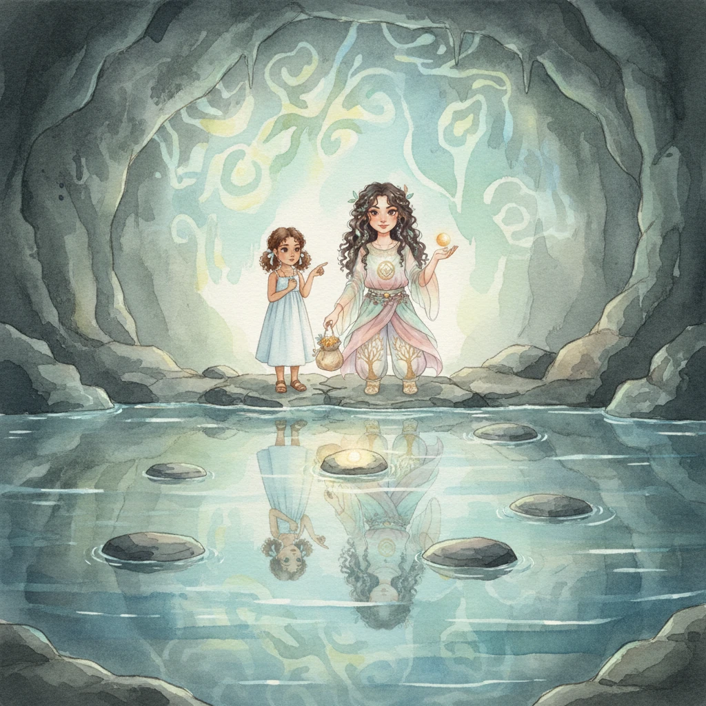 Their path is blocked by a pool of unusually still, luminous water that reflects strange, shimmering patterns on the cave ceiling. To cross, they must find the correct sequence of stepping stones that light up with a soft, inner glow. They ponder the puzzle together, their silhouettes reflected in the magical water.