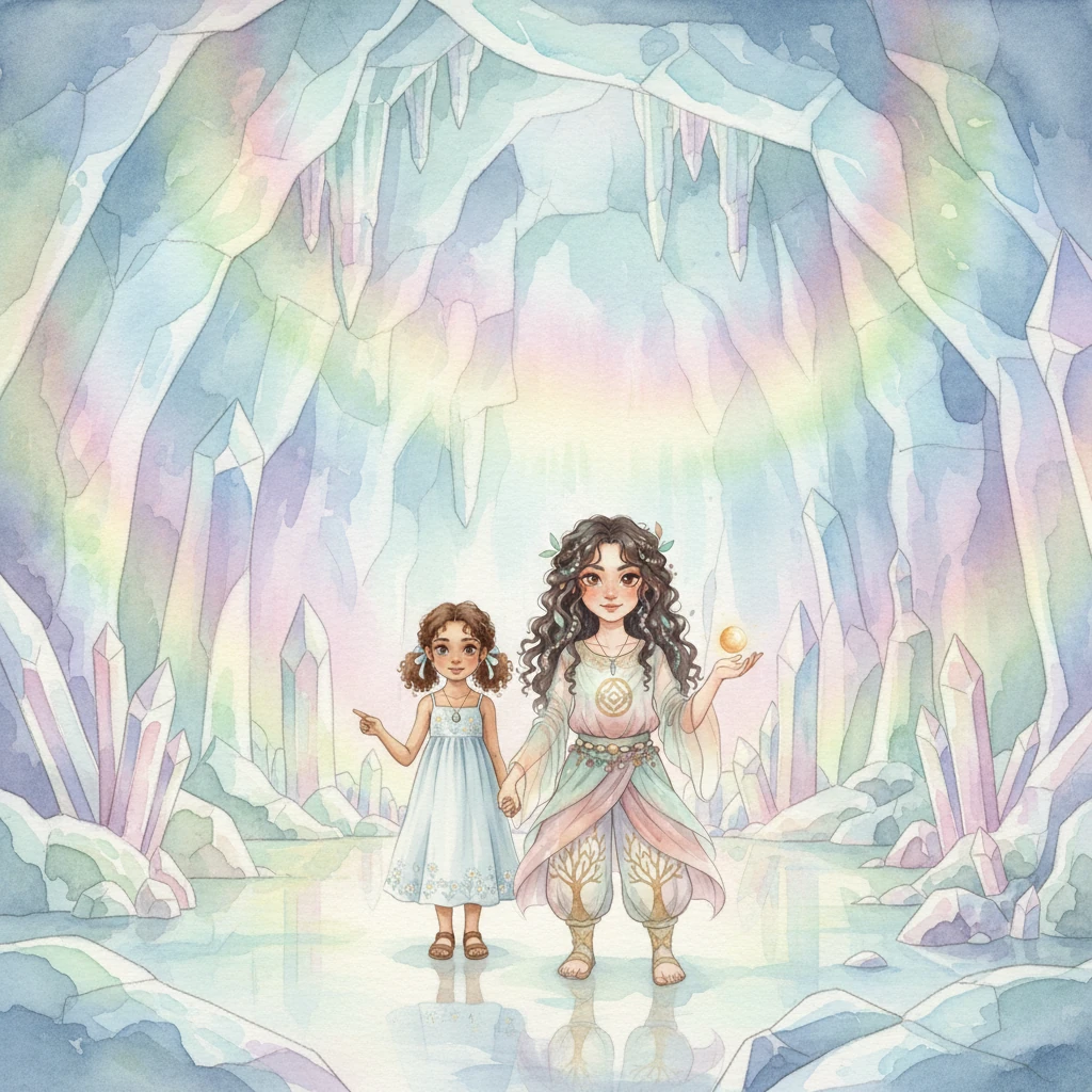 Beyond the puzzle, they step into a breathtaking chamber, where crystal formations sparkle with a gentle, rainbow luminescence. Translucent layers of color dance across the cave walls, creating an illusion of a living, breathing aurora. The air feels charged with a quiet magic, filling them with wonder.