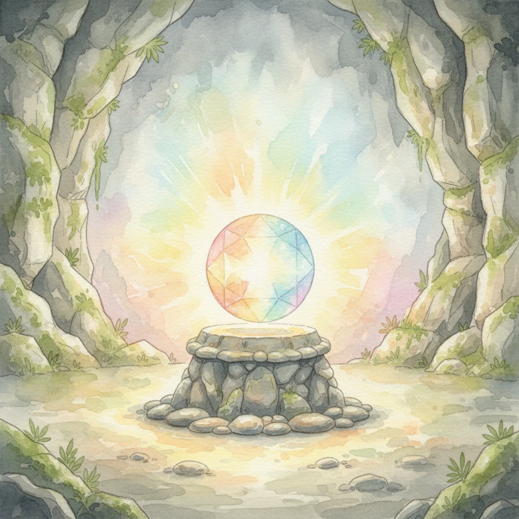 At the chamber's heart, nestled on a pedestal of smooth, river-worn stone, rests a magnificent gem. It pulses with a soft, inner light, casting a warm, comforting glow that fills the entire space. The gem itself is a masterpiece of blended hues, reflecting every color of their adventurous journey.