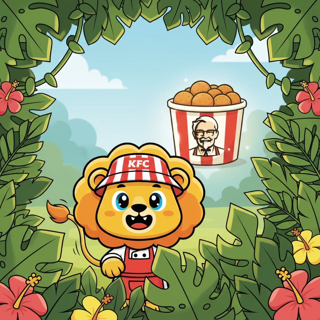 Peeking through the leaves of his jungle home, Leo spots it! A shimmering, red and white beacon in the distance, a familiar bucket shape with a smiling Colonel. His heart does a happy little jig, and his tail begins to wag like a playful puppy's. He knows exactly what he wants for breakfast today.