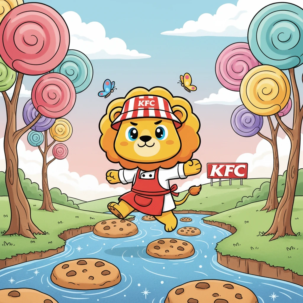 With a determined bounce, Leo sets off on his grand adventure, padding through a fantastical landscape filled with lollipop trees and marshmallow clouds. Butterflies flutter around his head as he crosses a sparkling river on stepping stones shaped like giant cookies. The KFC sign grows closer with every joyful stride.