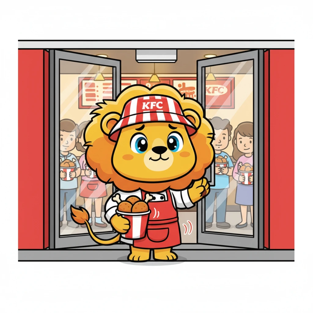 Finally, Leo stands before the bustling KFC restaurant, looking a little out of place with his magnificent mane. He peeks shyly through the glass doors, his large paws twitching with anticipation and a touch of nervousness. The delicious aroma of fried chicken wafts out, making his tummy rumble even louder.