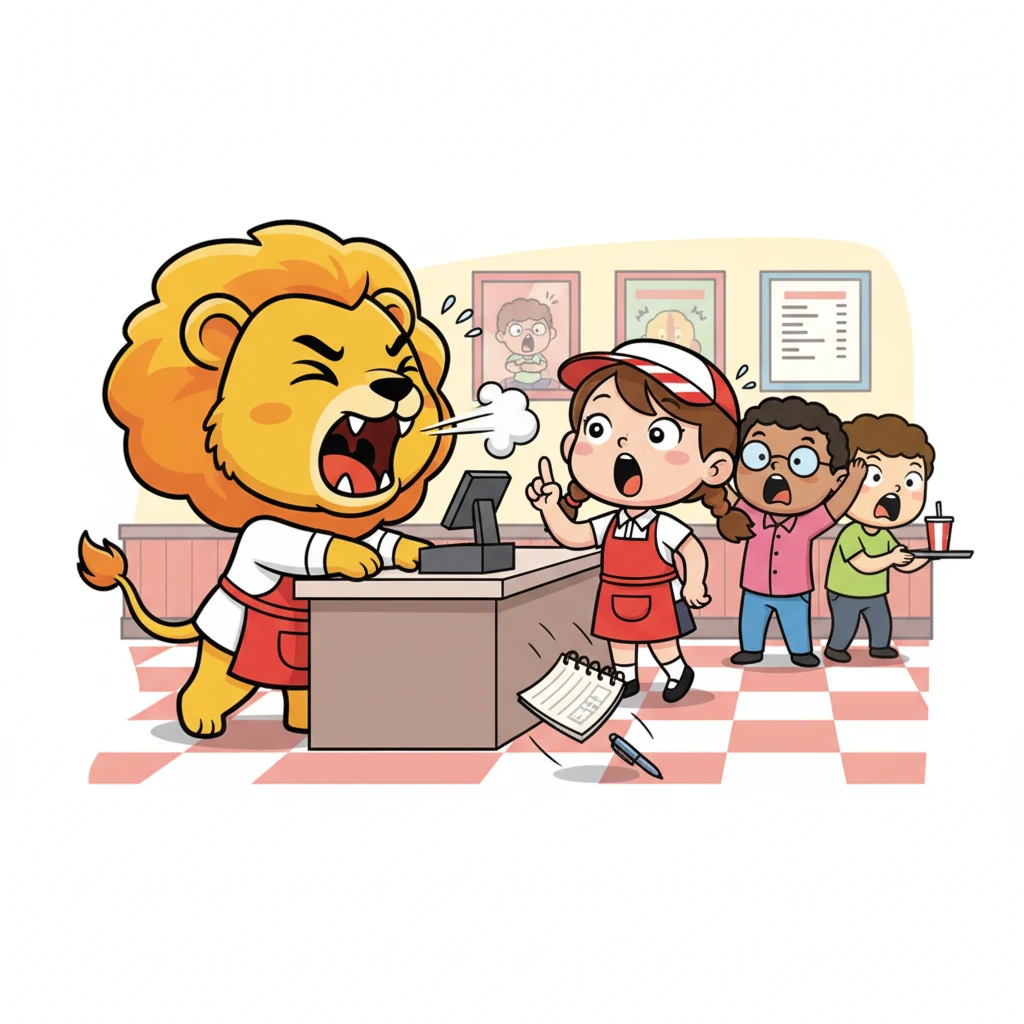 He bravely enters, approaching the counter where a young cashier named Lily gasps, dropping her order pad. Leo tries to order, but all that comes out is a mighty roar, startling everyone in line. Lily looks confused, holding up a finger to ask him to wait.