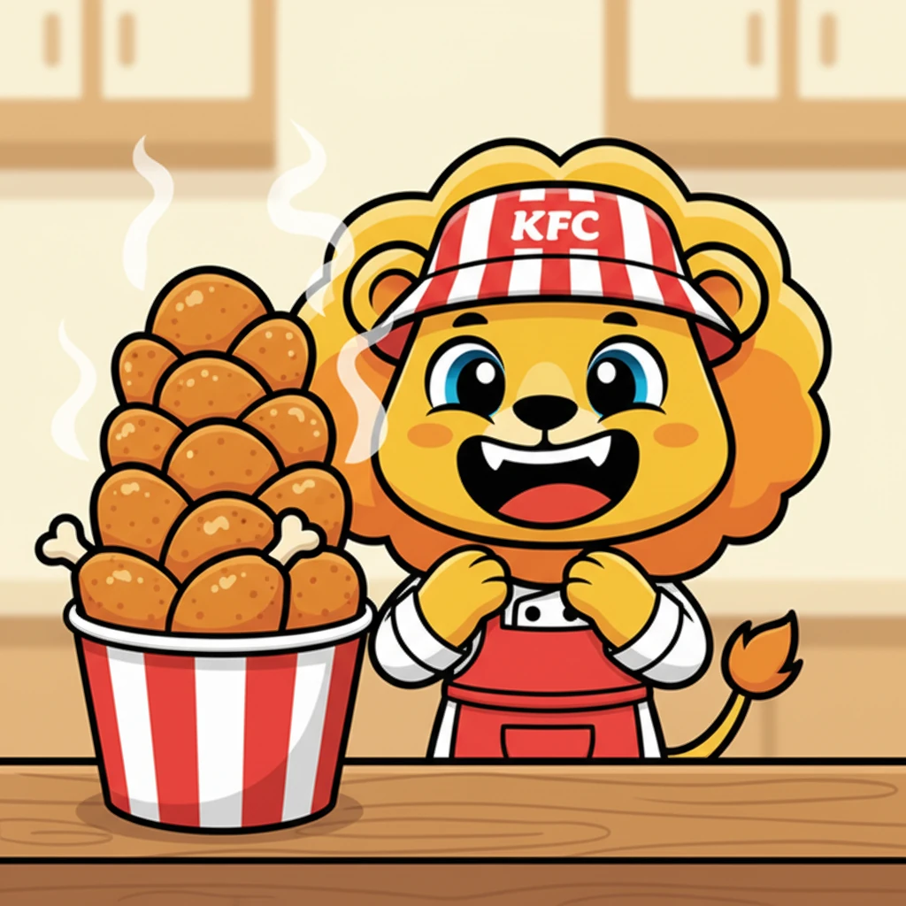 Moments later, Leo is presented with a towering bucket of crispy, golden chicken, steam rising temptingly from it. His eyes widen to the size of saucers, and a huge, happy grin stretches across his face. He lets out a soft, purring rumble of pure delight.