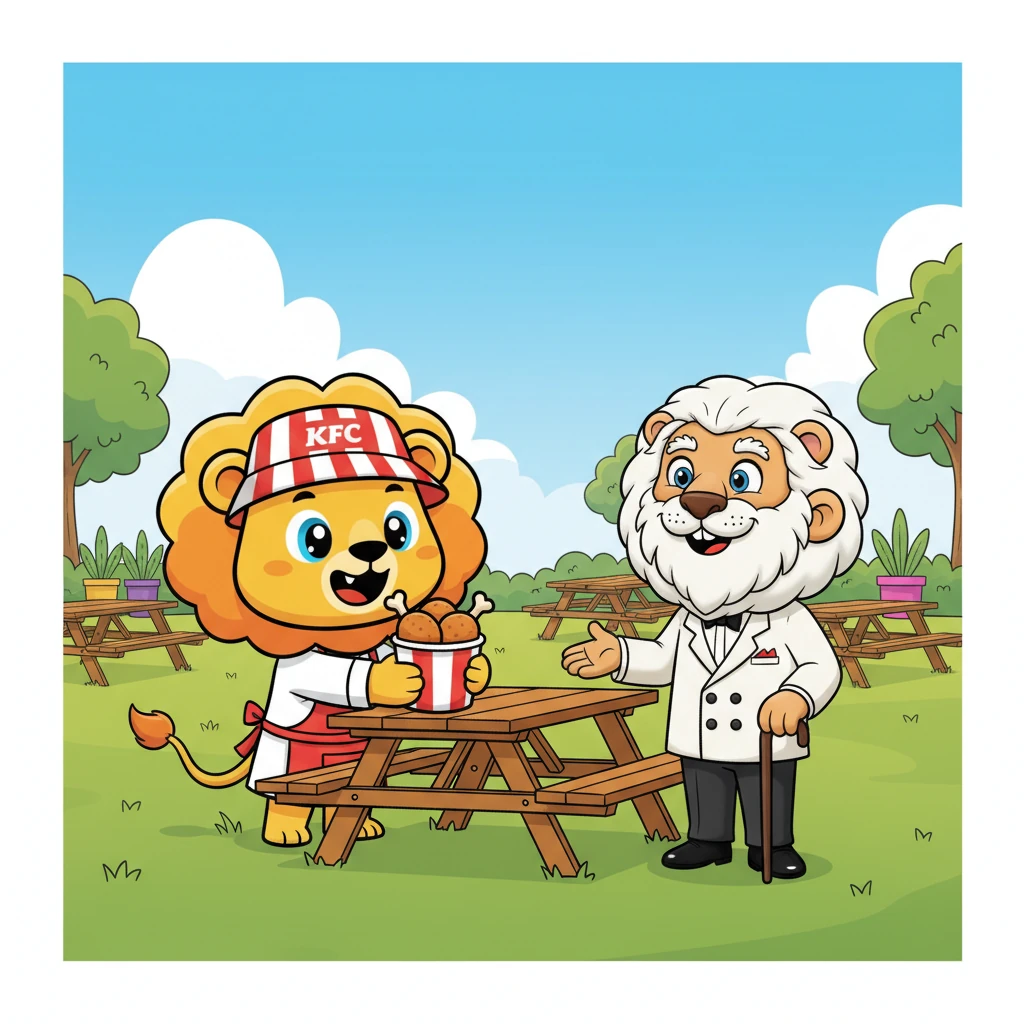 Mr. Sanders leads Leo to a special, spacious outdoor seating area, perfect for a king-sized appetite. Leo carefully places his bucket on a sturdy picnic table, his tail thumping a joyful rhythm against the ground. He can hardly wait to dig in!