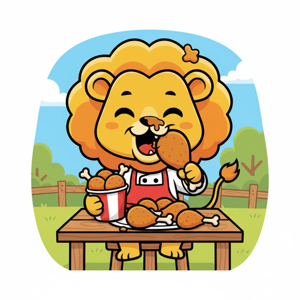 With gusto, Leo dives into his meal, chicken pieces disappearing faster than you can say 'finger-lickin' good.' He gets a little bit of gravy on his nose and a happy crumb in his mane, but he doesn't mind one bit. This is the best meal he's ever had!