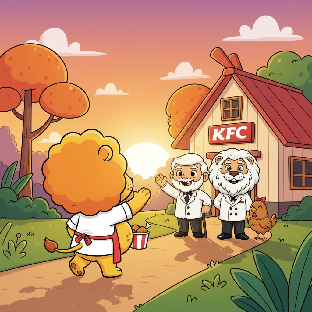 Full, happy, and sporting a contented chicken-crumb smile, Leo waves goodbye to Mr. Sanders and Lily. He strolls back towards his jungle home, his belly pleasantly round, already dreaming of his next visit to the wonderful world of KFC. The sun sets, casting long, cheerful shadows behind him.