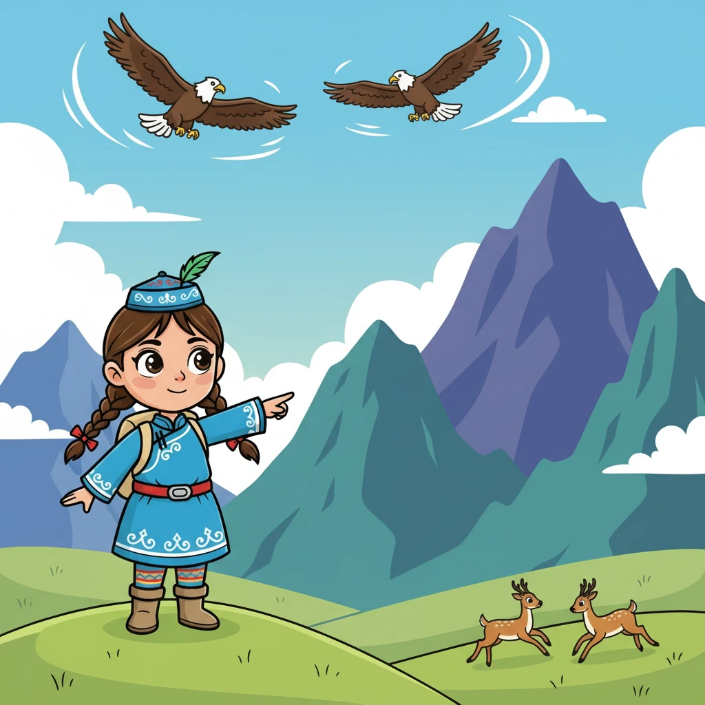 Айгуль поднялась на небольшую гору, чтобы лучше рассмотреть большие горы. Она увидела, как высоко в небе парят орлы, а внизу бегают резвые косули. Горы были как защита от врагов, надежный щит.