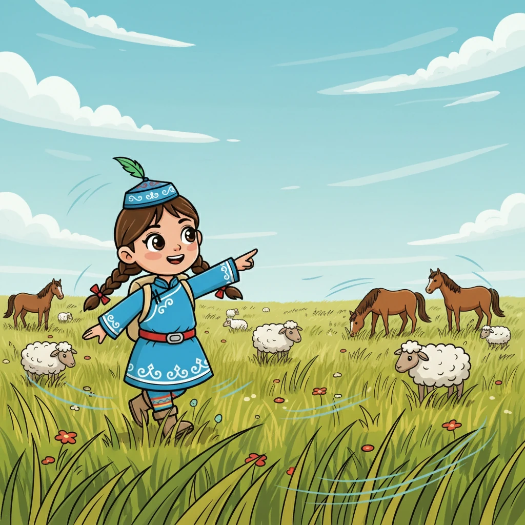 Айгуль часто ходила на пастбища, где паслись лошади и овцы. Она любила слушать, как ветер шелестит в траве, и любоваться бескрайним небом.