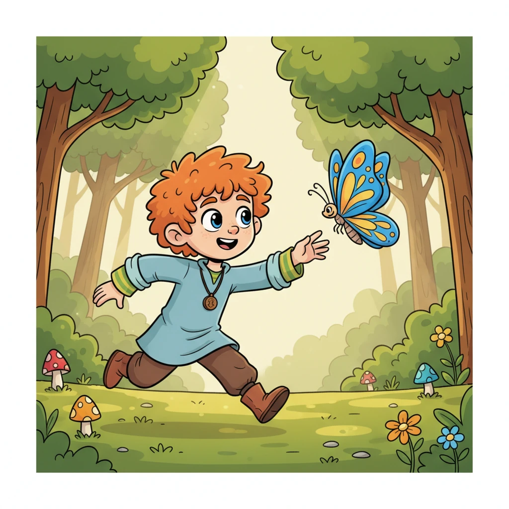 Niko, a boy with a heart full of wonder, loved to explore the sun-dappled forest near his home. He often imagined grand adventures, little knowing one was about to find him. His bright eyes sparkled with curiosity as he chased a mischievous butterfly.