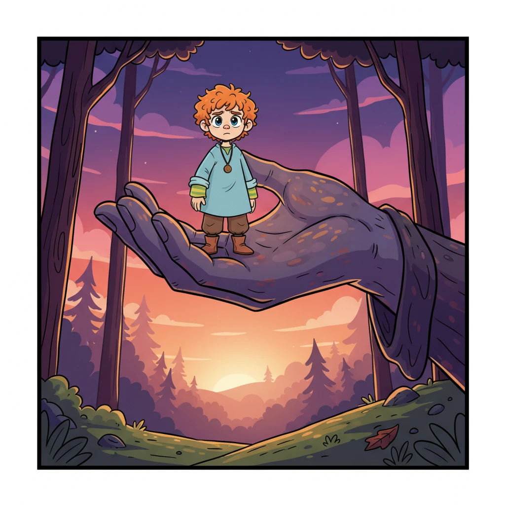 As twilight painted the sky in hues of purple and orange, a shadowy figure emerged from the deeper woods. Before Niko could react, a large, gentle hand scooped him up, whisking him away from his familiar world. He felt a strange, not entirely frightening, pull into the unknown.