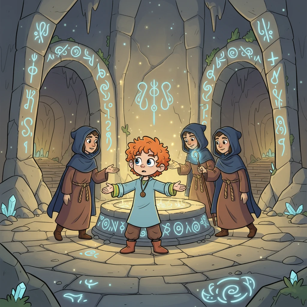 Niko found himself in a hidden cavern, aglow with mystical light and ancient symbols carved into the stone. Cloaked figures, with kind but determined faces, moved around a central pedestal. Whispers filled the air, speaking of ancient power and a grand destiny.