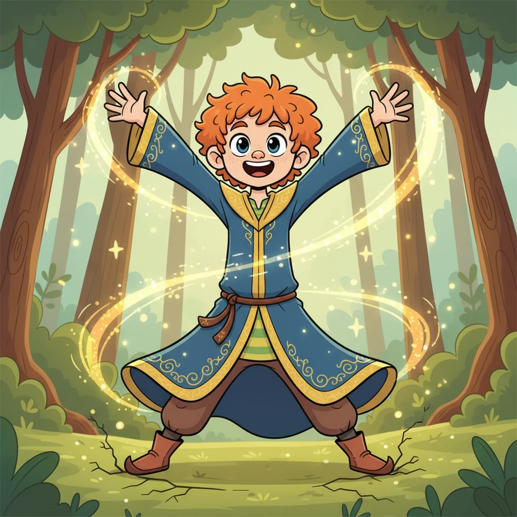 Niko started to grow, his limbs stretching gracefully as if pulled by an invisible, magical string. His simple clothes transformed into flowing, ornate garments, adapting to his expanding form. A sense of incredible strength blossomed within him, making his heart race with excitement.