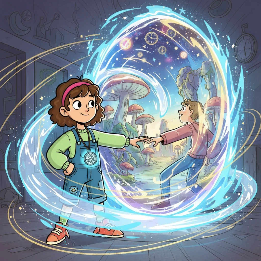 O relógio começou a vibrar, e uma onda de energia envolveu os primos. Um portal brilhante se abriu diante deles, revelando uma paisagem desconhecida. Uma voz ecoou, convocando-os para uma missão: restaurar o equilíbrio do tempo. A aventura estava prestes a começar!
