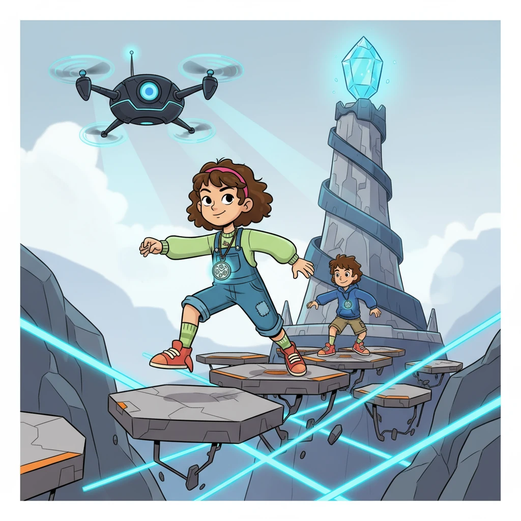 Guiados pelo robô-drone, os primos enfrentaram desafios emocionantes. Eles usaram sua inteligência e agilidade para superar plataformas móveis e desviar de feixes de energia. A torre do Cristal de Gravidade era o seu objetivo, e eles estavam determinados a alcançá-lo.