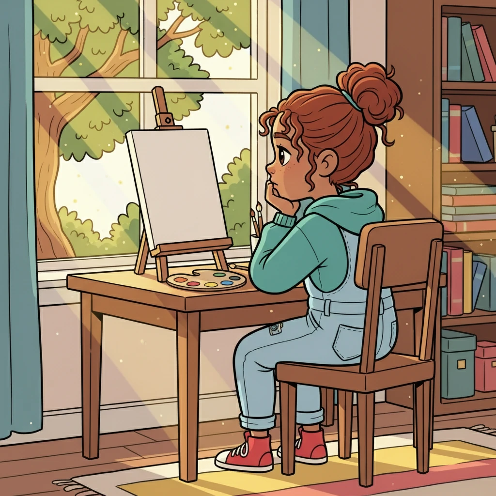 Lucy sat at her desk, staring out the window, a blank canvas before her. Sunlight streamed through the leaves of the old oak tree outside, inviting her to explore the world around her. She sighed, feeling a familiar sense of boredom wash over her.