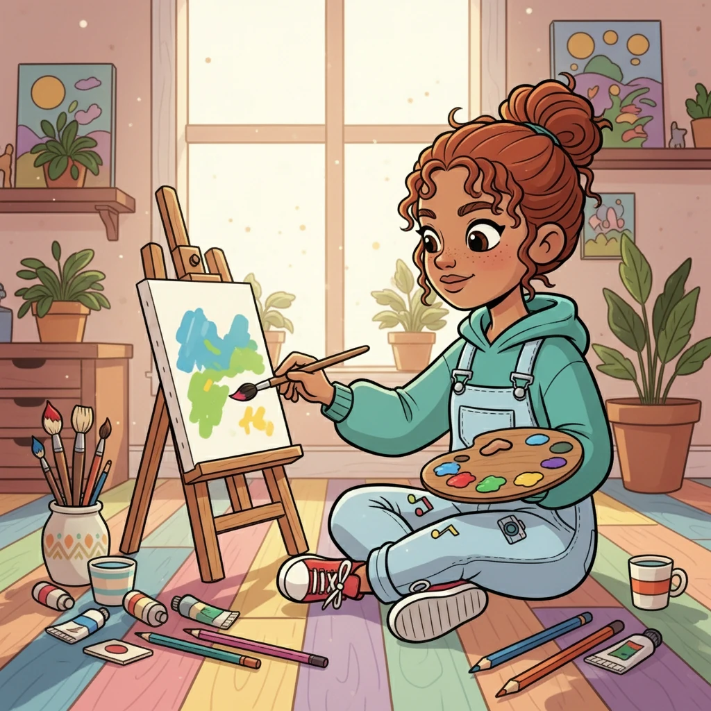 Inspired by Maya, Lucy decided to try painting. She gathered her supplies, carefully mixing colors on her palette. The first stroke of the brush on the canvas felt awkward, but as she continued, a sense of calm washed over her.