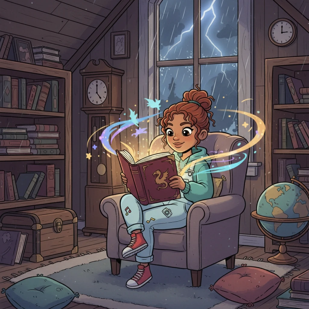 One rainy afternoon, Lucy discovered a love for reading. She found an old, worn copy of a fantasy novel in her attic. Lost in the captivating story, she forgot about the world around her, transported to faraway lands.