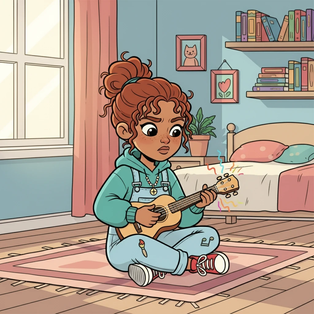 Lucy's interests expanded beyond painting and reading. She learned to play the ukulele, her fingers clumsily strumming the strings at first. Slowly, she began to create her own simple melodies.