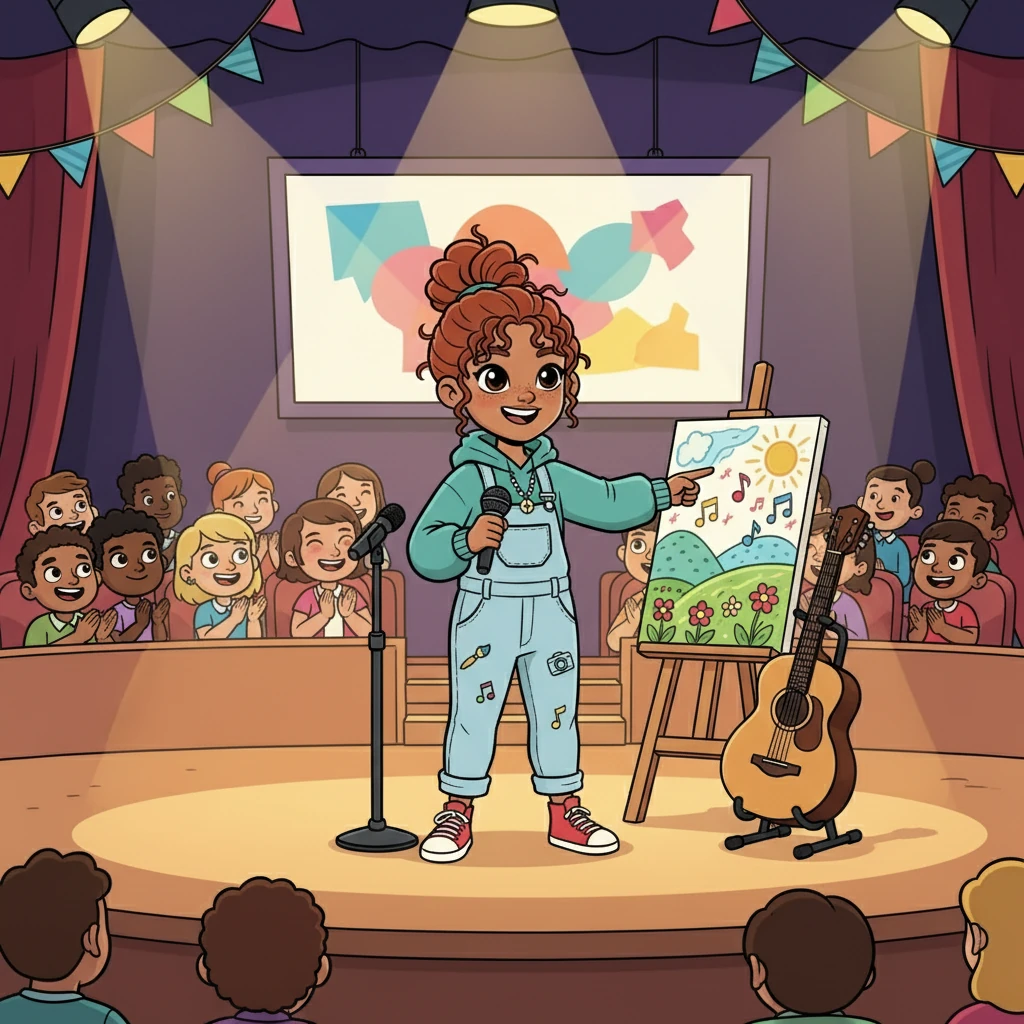 At a school talent show, Lucy showcased her painting and performed a song she wrote. She felt a mix of nerves and excitement. The audience applauded, and Lucy felt a surge of confidence and pride.