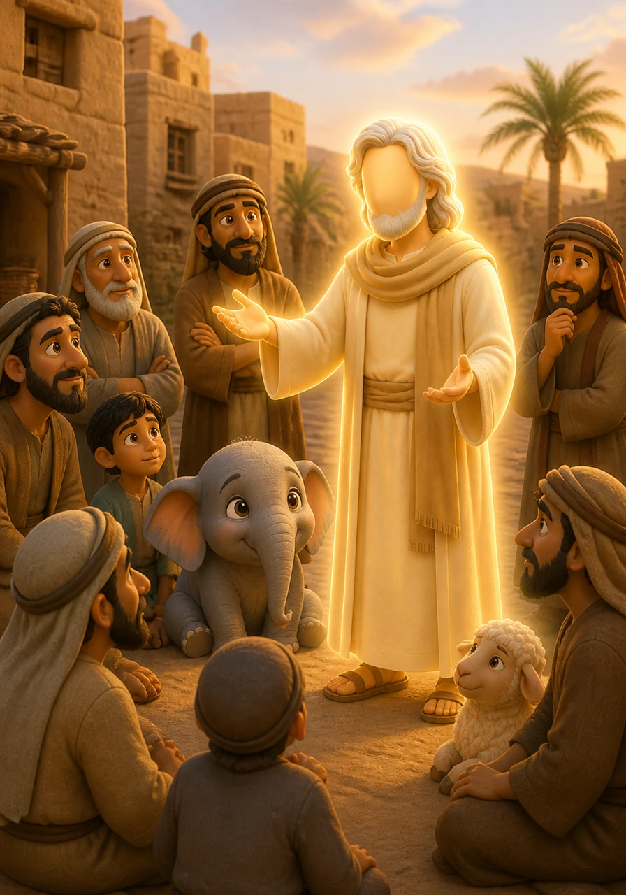 Long ago, in a dusty desert village, a kind man named Nuh spoke to his neighbors with a heart full of love. He gently asked them to remember their Creator and be kind to one another, his presence glowing with a soft, peaceful light.