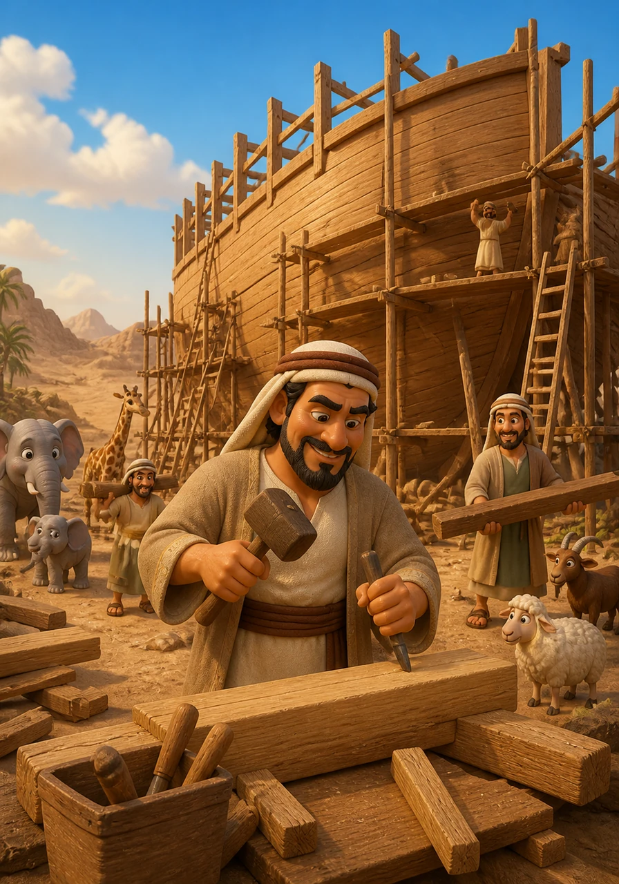 One day, a special message came, instructing Nuh to build a massive wooden ark right there in the middle of the dry desert. He gathered his tools and began to work, his hands moving with purpose as the giant structure started to take shape.