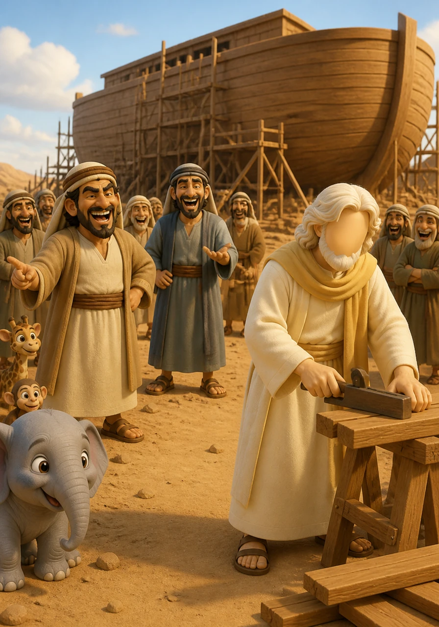 The villagers gathered around the construction site, mocking the sight of a huge boat surrounded by nothing but sand. They shouted jokes and asked how a boat could ever sail on dust, but Nuh simply stayed focused on his task.