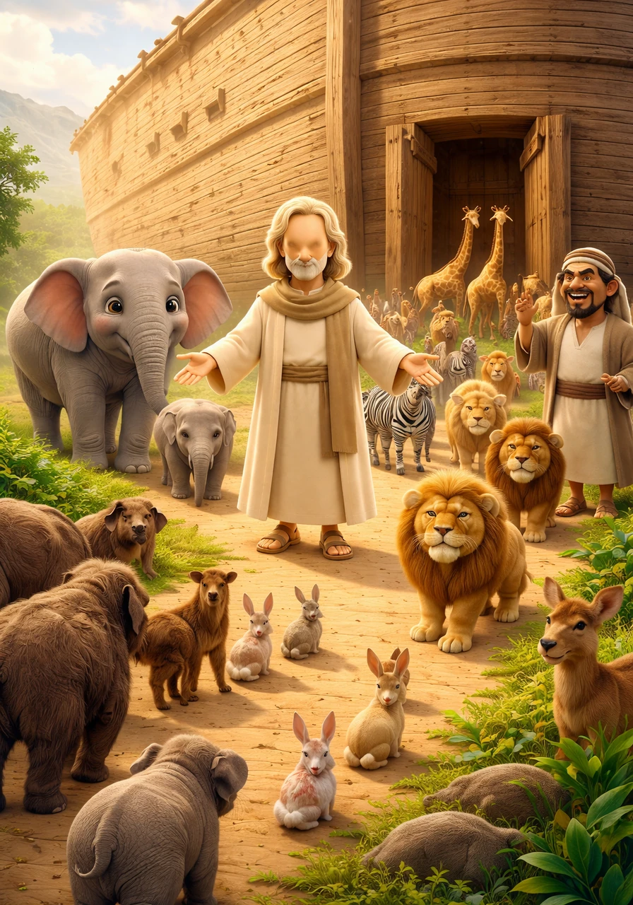 As the ark neared completion, a wondrous sight appeared as animals of all shapes and sizes began to arrive in pairs. From tall elephants to tiny rabbits, they walked calmly toward the wooden doors, guided by a mysterious and peaceful force.