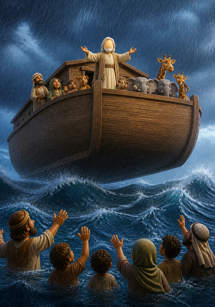 The rain poured down until the desert was replaced by a vast, shimmering ocean that covered the hills. The great wooden ark lifted off the ground, floating steadily and safely above the rising waves while the world turned into a sea of blue.