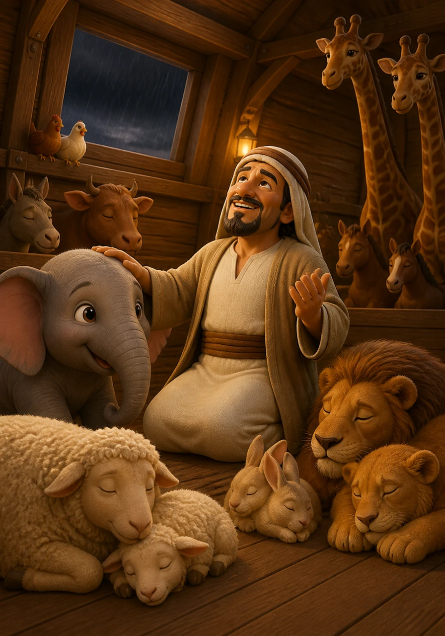 Inside the ark, there was a sense of profound peace and warmth as the animals rested side by side. Nuh looked after every creature with care, thanking the Almighty for their protection while the storm raged outside.