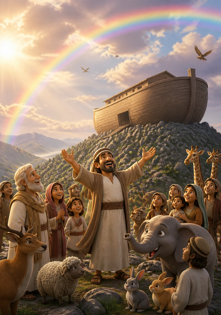 Finally, the rain stopped and the sun broke through the clouds, revealing a magnificent rainbow stretching across the horizon. The ark came to a gentle rest on a high mountain peak, signaling that the earth was ready for a fresh start.