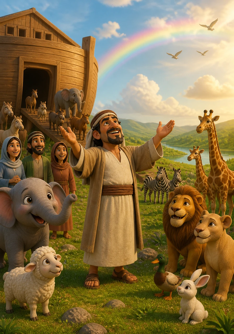 As the animals stepped out onto the lush green land, Nuh looked up at the sky with a heart full of gratitude. He had shown that with patience and faith, even the biggest storms can be weathered, leading to a bright and beautiful new beginning.