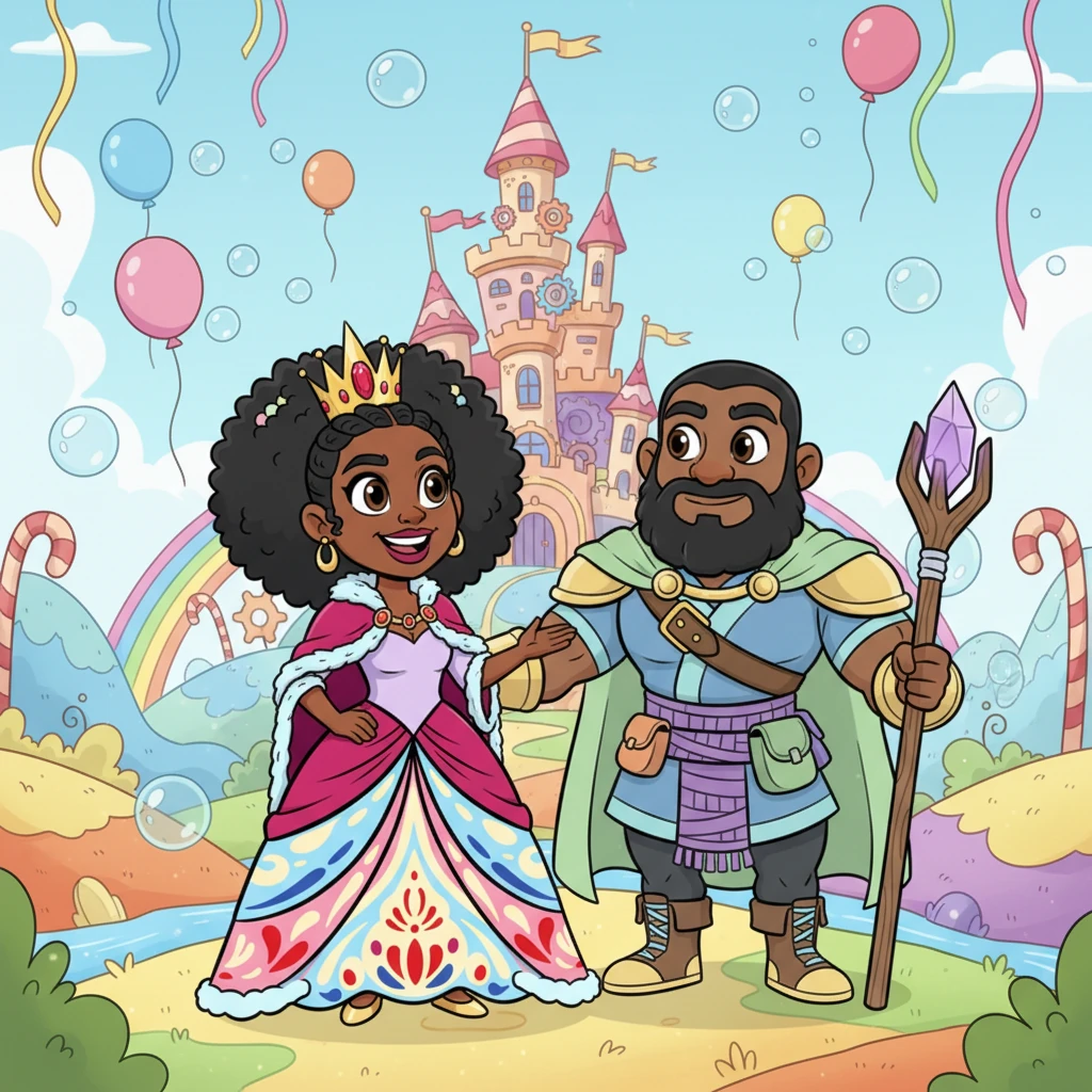 Taylor Trent, a radiant Black woman with a crown tilted playfully on her head, stands beside her burly, kind-hearted fiancé, Dave the Barbarian, in the shimmering heart of Imaginationland. Six years after the legendary Battle of the Hoochie Mamas, their love has blossomed, and they are preparing for the grandest royal wedding the land has ever seen. Colorful streamers and floating bubbles fill the air, promising a day of pure joy and new beginnings as they gaze at the fantastical castle.