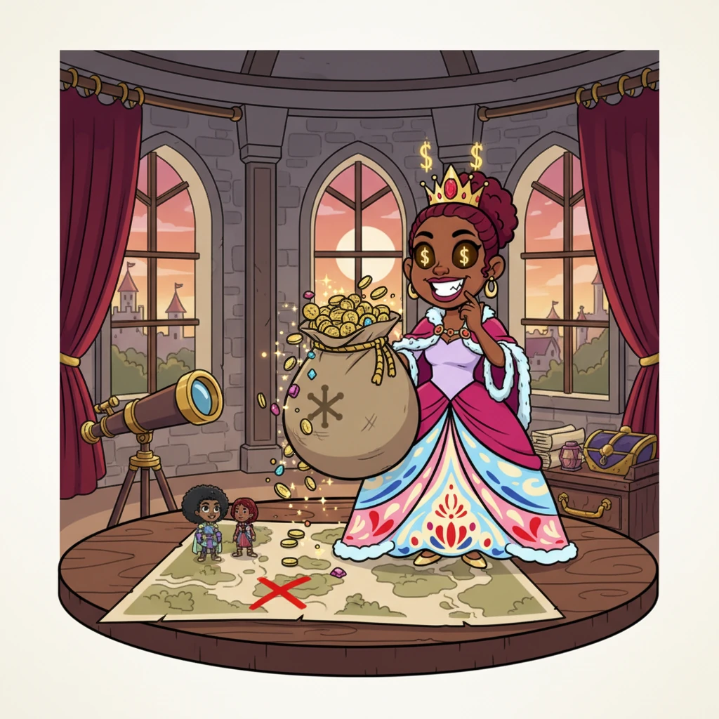 High in a hidden tower, Queen Ruby, Taylor's grandmother, cackles with glee, her eyes gleaming with dollar signs as she clutches a large sack of imaginary gold. She despises the idea of Taylor and Dave ruling, preferring all the riches for herself. A mischievous, greedy smirk plays on her lips as she hatches a truly terrible plan to stop the wedding and seize power.