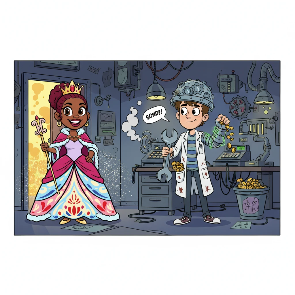 Queen Ruby bursts into her son Fred's eccentric laboratory, where he tinkers with gadgets. With a dramatic flourish, she convinces him to don his old, villainous persona, Dr. Fred-Bot, once more. Fred, a bit hesitant but easily swayed by his mother's persuasive (and cash-promising) words, reluctantly transforms into a metallic, gear-whirring mad scientist with a mischievous glint in his eye.