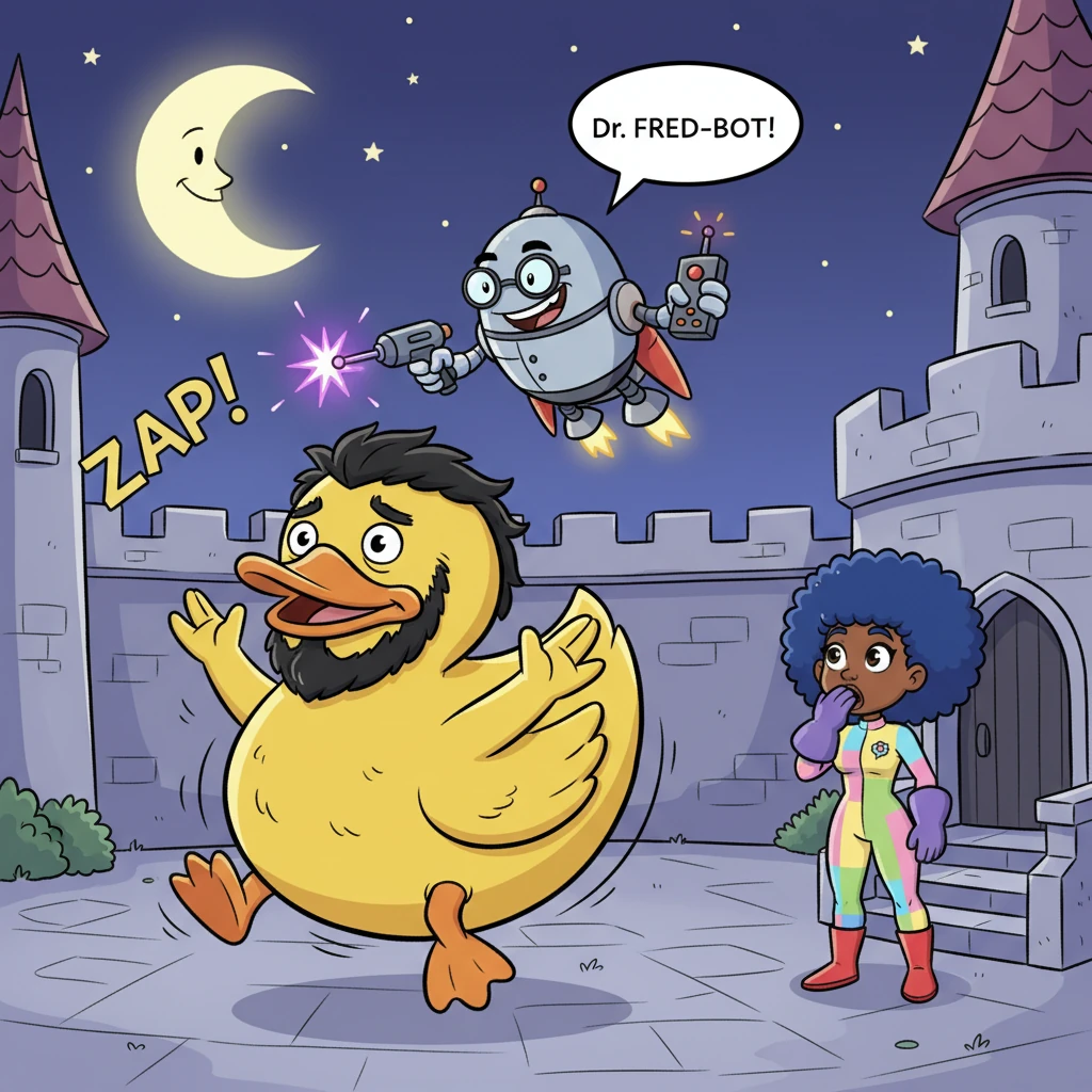 On the eve of the wedding, Dr. Fred-Bot unleashes his first dastardly trick! With a zap and a boom, he transforms poor Dave the Barbarian into a giant, wobbly rubber duck, much to Dave's comical surprise and confusion. The duck bounces helplessly around the castle courtyard, quacking indignantly as Dr. Fred-Bot floats away on a jetpack, chuckling maniacally.