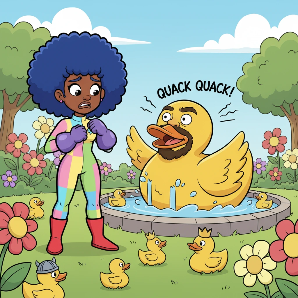 Taylor discovers the quacking chaos and her missing fiancé. Her heart sinks, then steelens with determination. She finds Dave, now a giant rubber duck, trying to communicate his plight. Taylor, though momentarily dismayed, knows she must act fast to save her beloved and their special day.