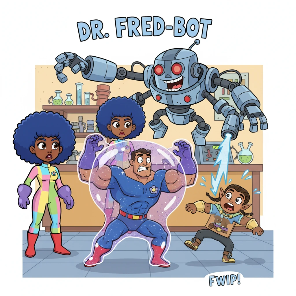 Captain Hero, a muscular but somewhat clumsy hero, and Xandir, a brave but often dramatic elf, rush in to help Taylor. But Dr. Fred-Bot is ready! With a flick of a switch, he traps Captain Hero in a giant, shimmering bubble of glitter glue, and zaps Xandir into a two-dimensional cardboard cutout, leaving them comically stuck and unable to move.