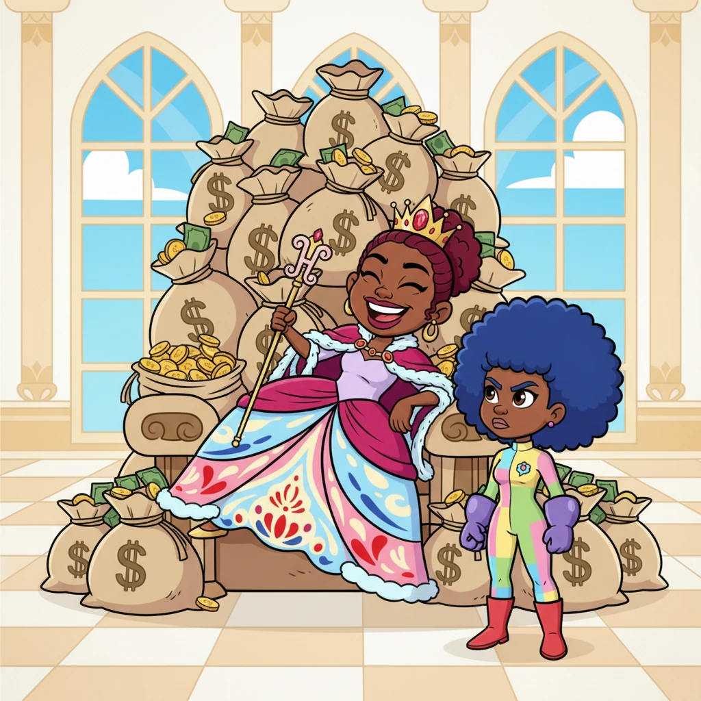 Taylor confronts Queen Ruby, who is lounging on a throne of imaginary money bags, gloating about her success. Queen Ruby laughs, convinced she has won. Taylor, however, looks at her grandmother with unwavering resolve, refusing to let her cruel plan succeed.