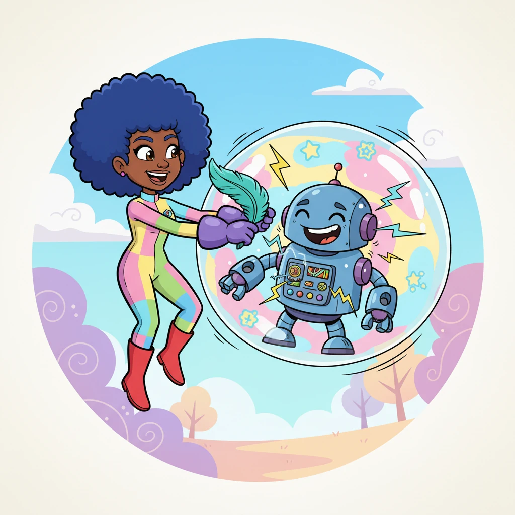 Taylor bravely confronts Dr. Fred-Bot, not with force, but with her boundless creativity. She uses a giant, magical daydream bubble to trap him, then tickles him with a feather from a dream bird, making him laugh so hard his control panel short-circuits. With a series of comical zaps, all his spells begin to unravel.
