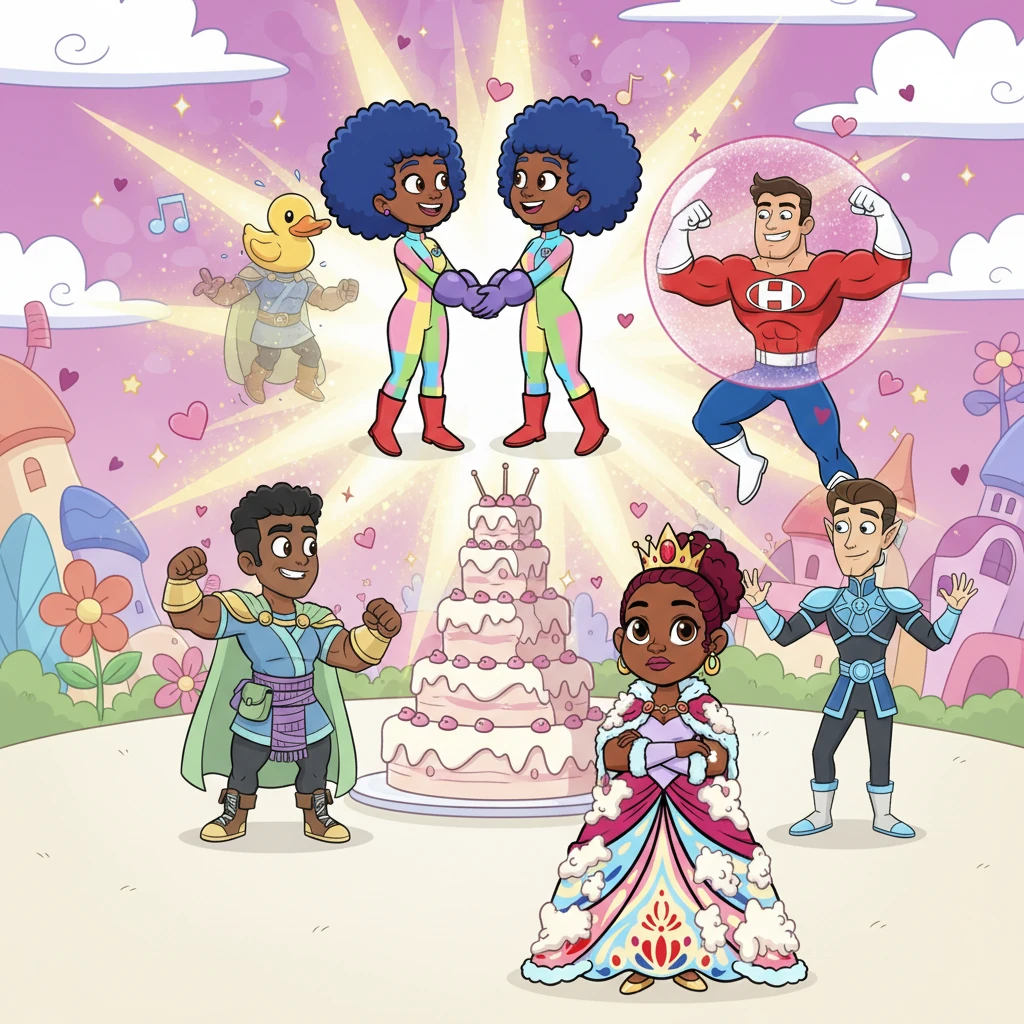 In a burst of sparkling light, Dave transforms back from a rubber duck, Captain Hero pops free from his glitter bubble, and Xandir becomes three-dimensional again! Queen Ruby, now covered head-to-toe in wedding cake, grumbles in defeat. Taylor and Dave finally share their joyous wedding vows, ruling Imaginationland with love, laughter, and endless imagination, surrounded by their happily restored friends.