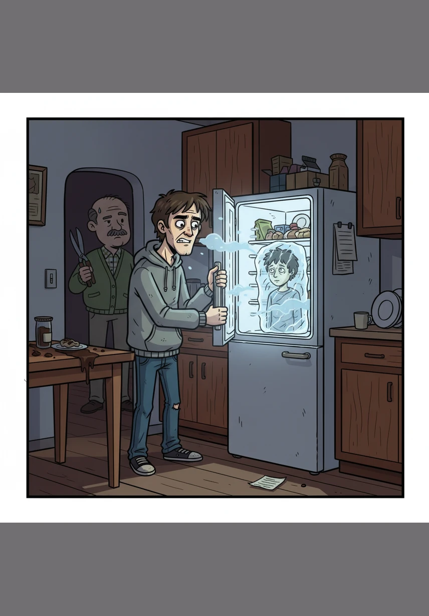 他走向厨房拉开冰箱门,一股带着金属腥气的冷风扑面而来。眼前的景象让他屏住呼吸:所有的隔层和抽屉都空空如也,洁净得连一丝水汽都没有,透着刺骨的寒意。