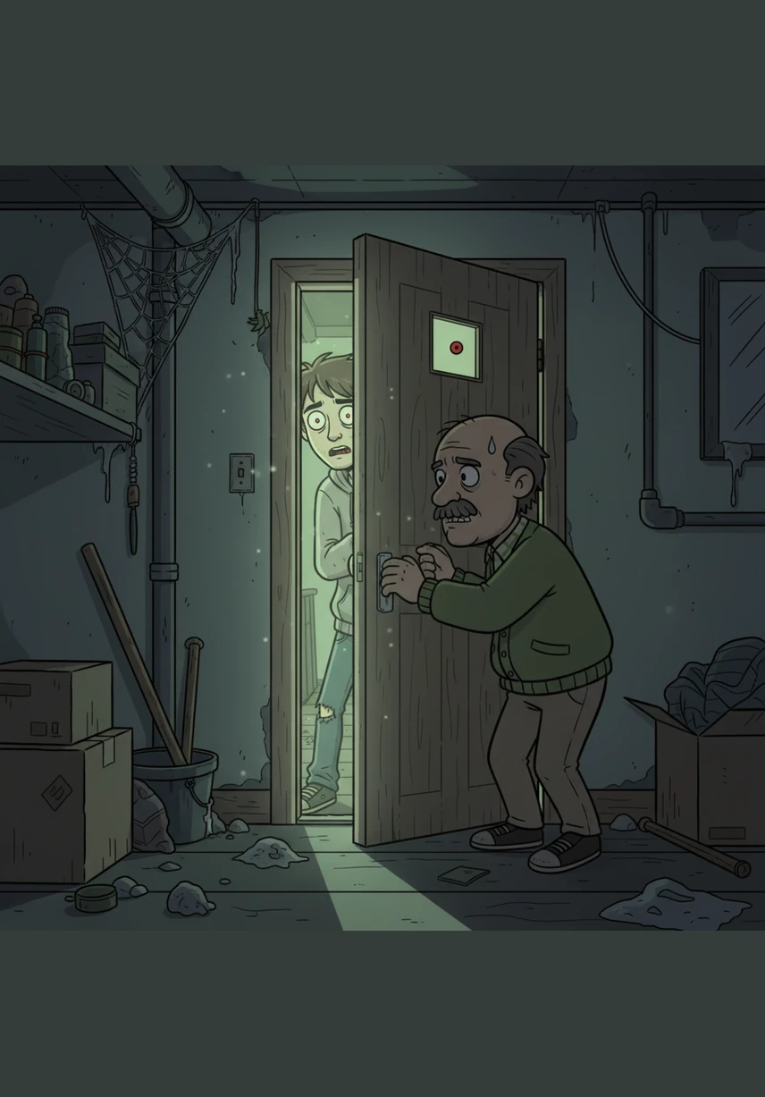 门缓缓开了一条缝,邻居那张苍白且模糊的脸出现在阴影中。他穿着一件洗得发白的旧睡衣,浑浊的眼睛像蒙了雾的玻璃珠,在昏暗的光线下显得死气沉沉。