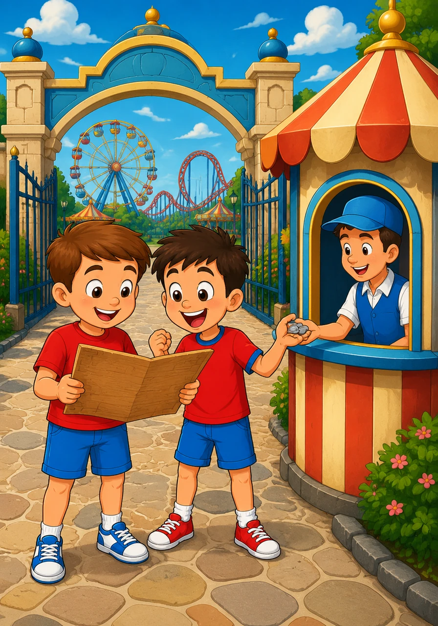 John and Peter stand excitedly at the grand entrance of the amusement park, looking at a large wooden floor plan. A cheerful ticket booth sits at the top of the path, where the boys trade their coins for a day of endless adventure.