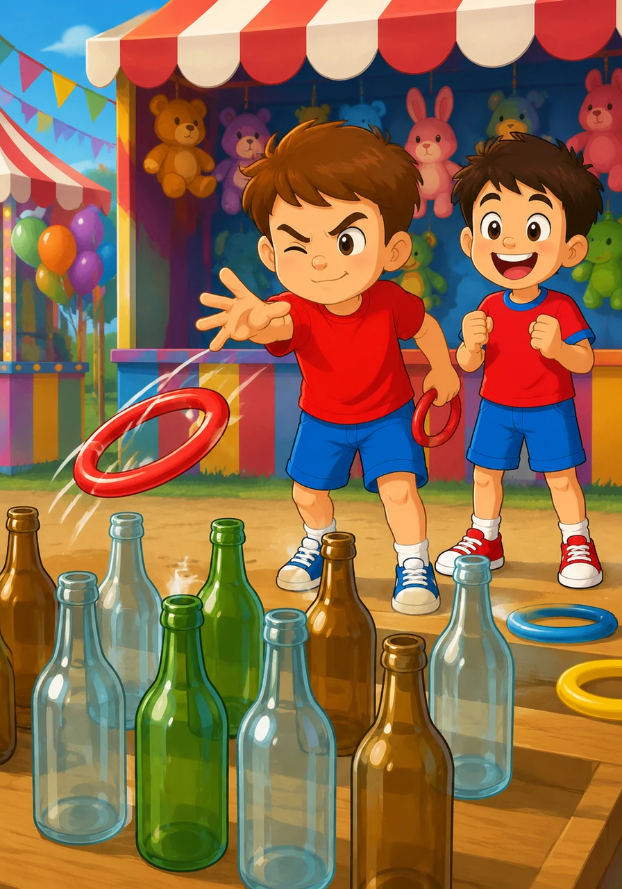 The first stop is the Ring Toss booth, where colorful plastic rings fly through the air toward rows of glass bottles. John narrows his eyes and tosses a red ring, hoping to land it perfectly to win a prize for his friend.
