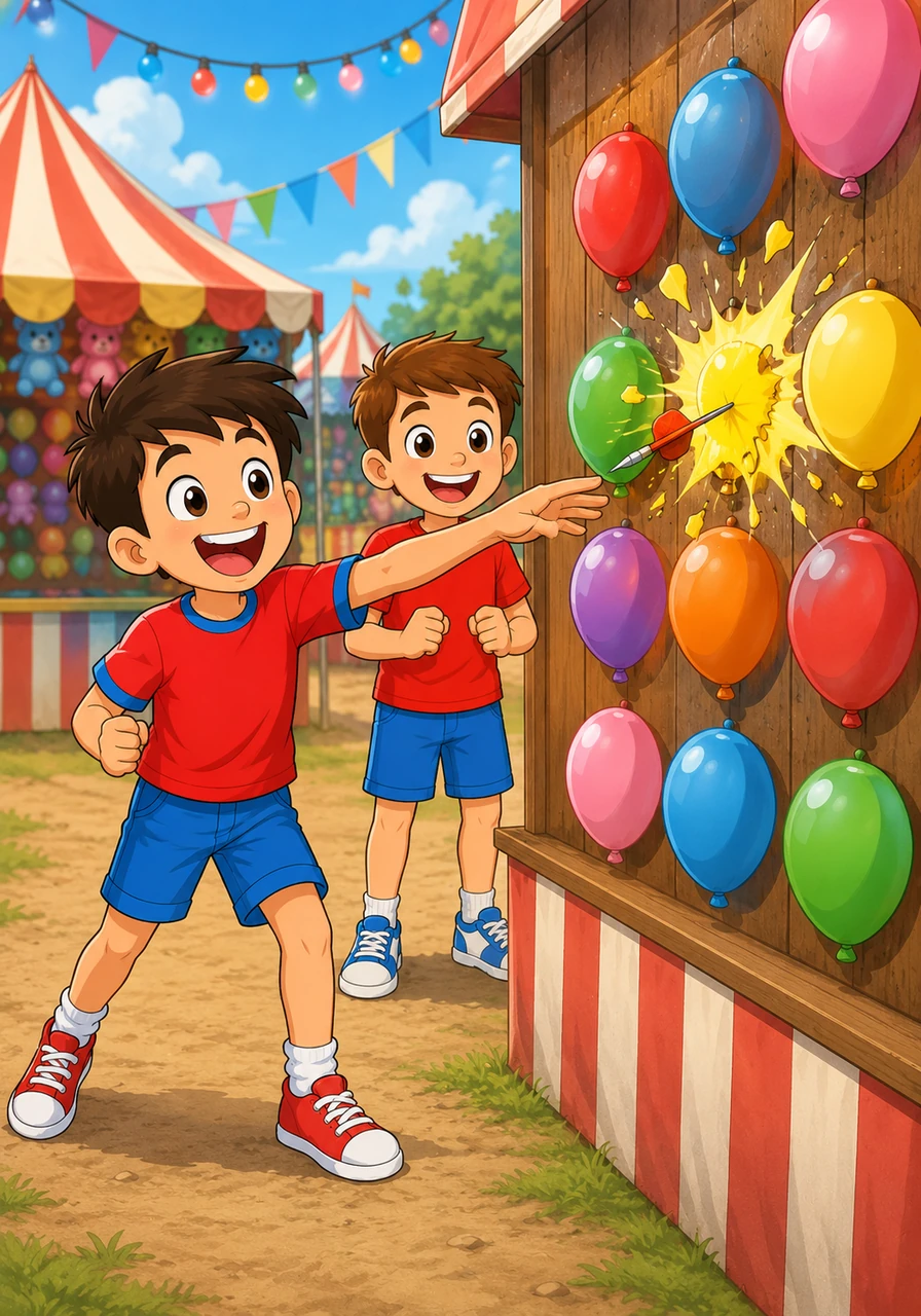 Next, they move to the Balloon Dart wall, a vibrant display of inflated colors pinned to a wooden board. Peter takes a deep breath and throws a feathered dart, cheering loudly as a bright yellow balloon pops with a satisfying bang.