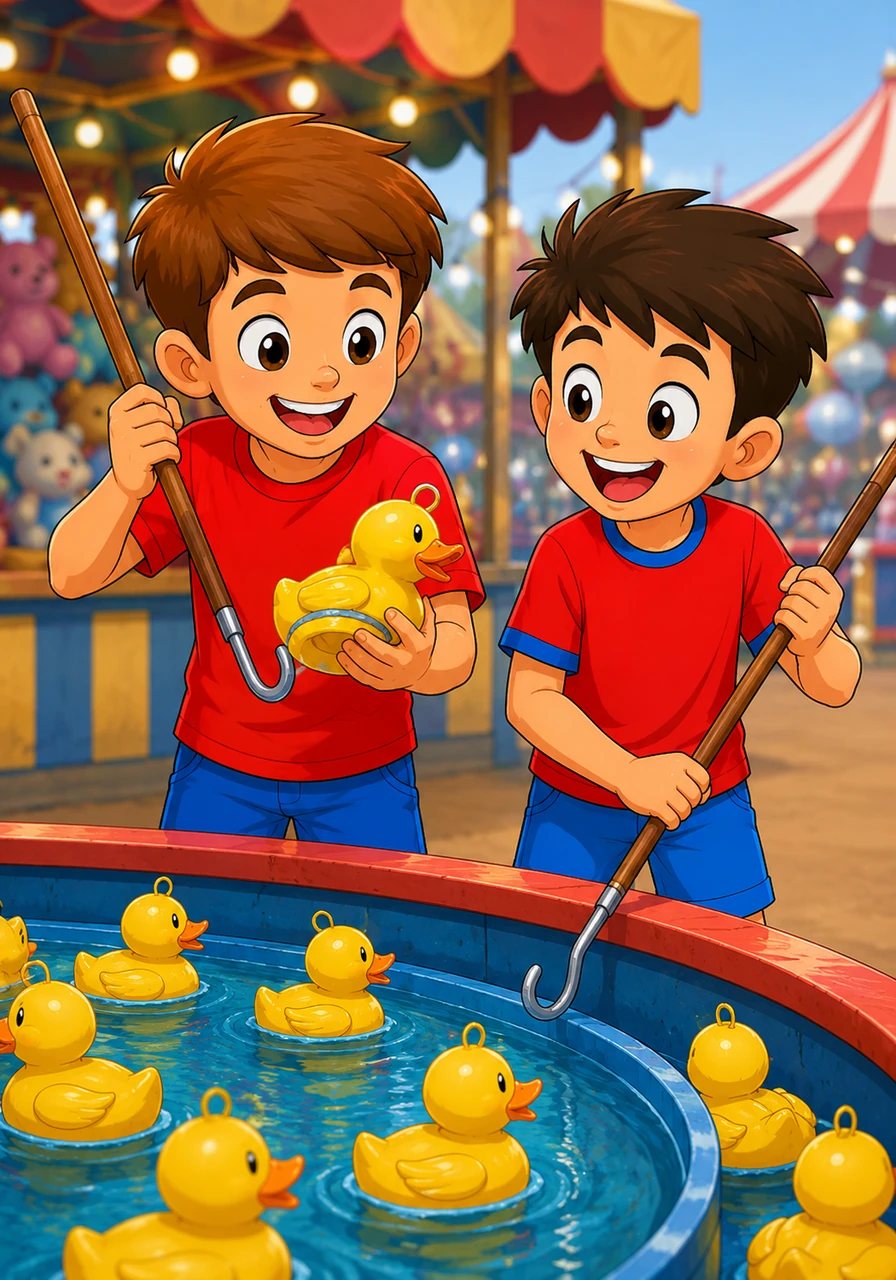 At the Duck Pond, the boys use long wooden poles to hook floating yellow ducks as they drift slowly in a circle. Each duck has a secret number on its bottom, and John grins when he finds a lucky number hidden under his plastic bird.