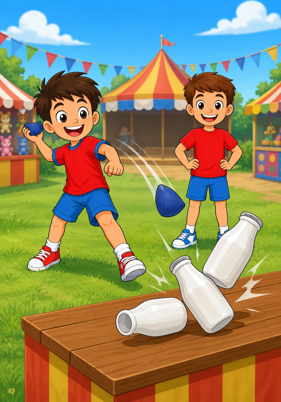 The sound of crashing wood leads them to the Milk Bottle Knockdown, where three white bottles sit in a perfect pyramid. John winds up his arm and hurls a heavy beanbag, watching with delight as the bottles tumble over in a messy heap.